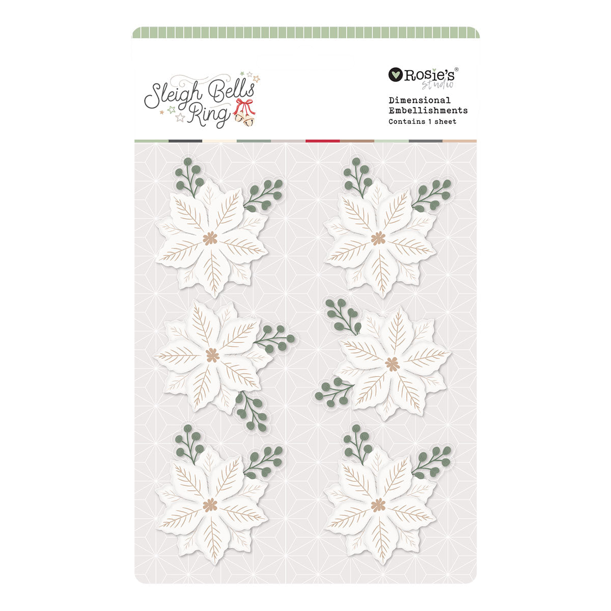 Rosie's Studio Sleigh Bells Ring Gold Poinsettias Dimensional Acetate Stickers