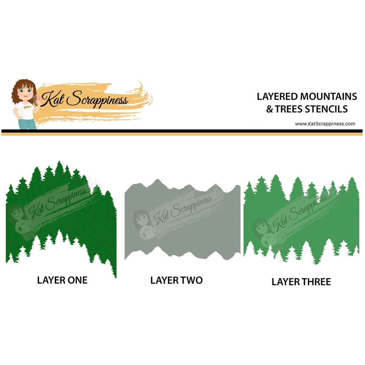 Layered Tree Line Layered Mountains & Tree Lines 6x6 Stencils - 3pc – Kat Scrappiness