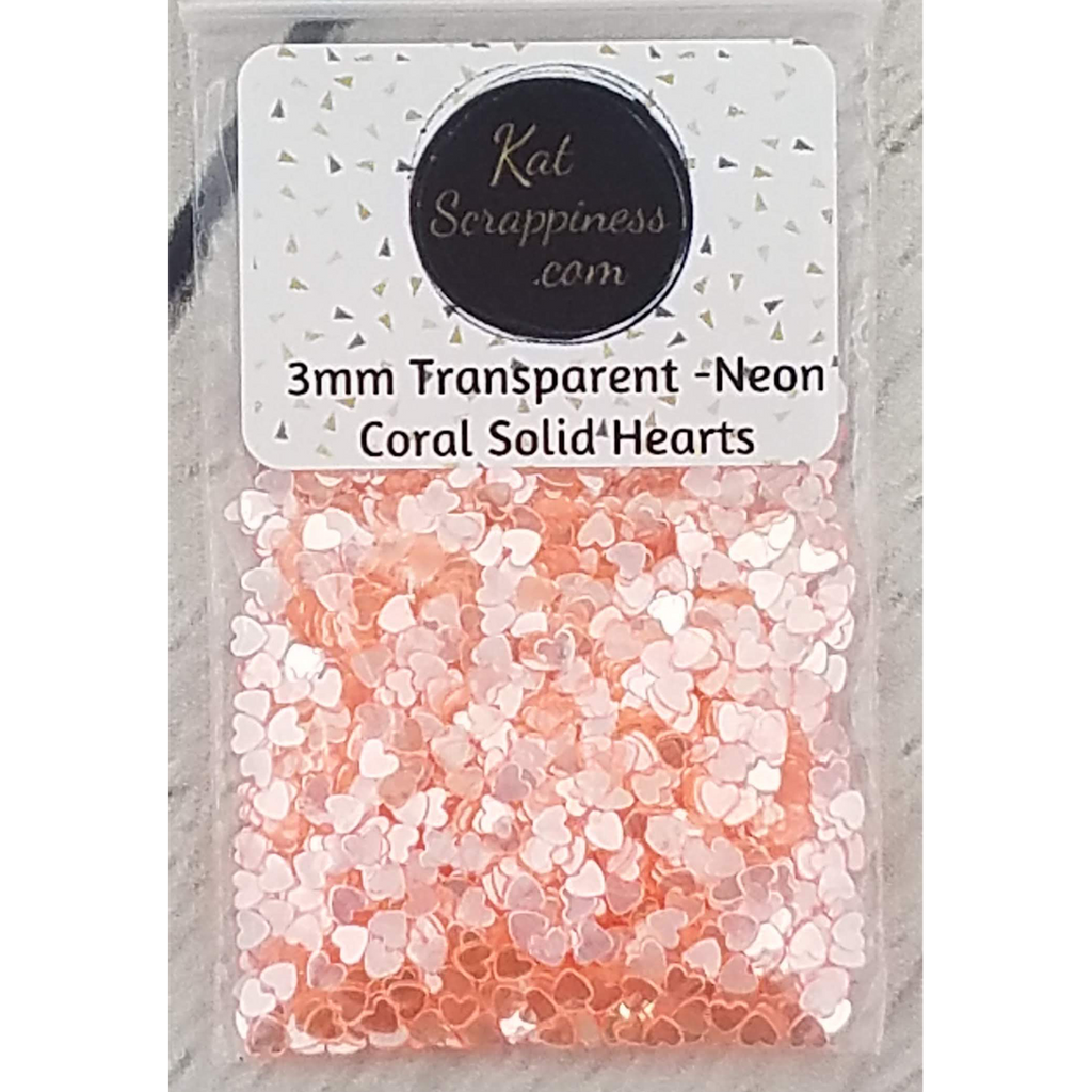 3mm Transparent Neon Coral Solid Heart Sequins - Kat Scrappiness